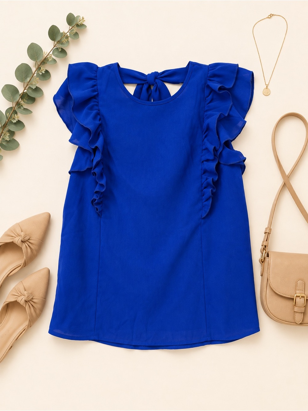 Cobalt Blue Ruffle Flutter Sleeve Tie Back Blouse Top Size M